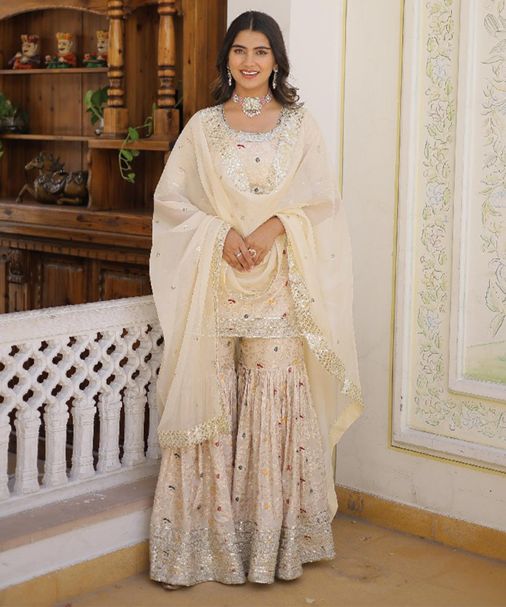 Off White Art Silk Embroidered Kurta with Pant and Dupatta