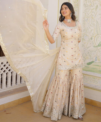 Off White Art Silk Embroidered Kurta with Pant & Dupatta