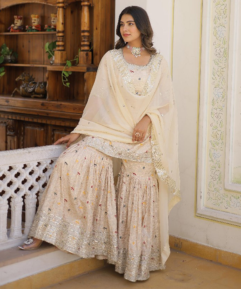 Off White Art Silk Embroidered Kurta with Pant & Dupatta