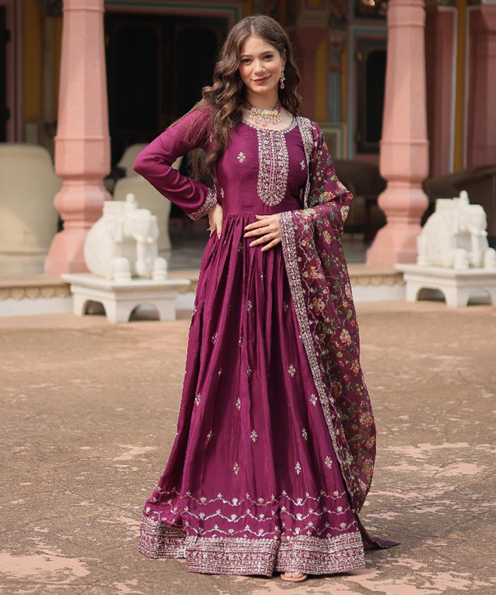 Wine Art Silk Embroidered Gown & Dupatta