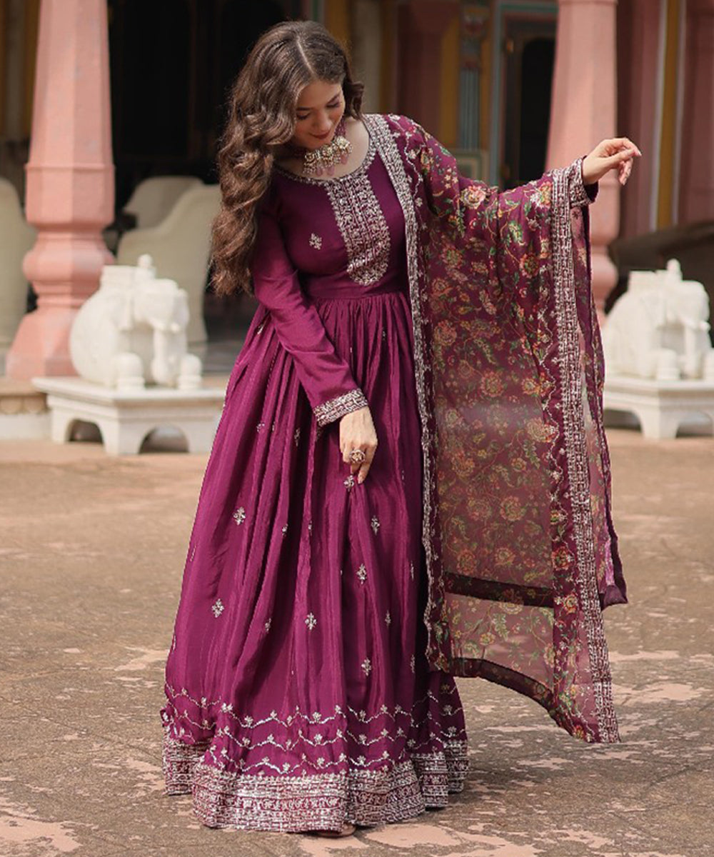 Wine Art Silk Embroidered Gown & Dupatta