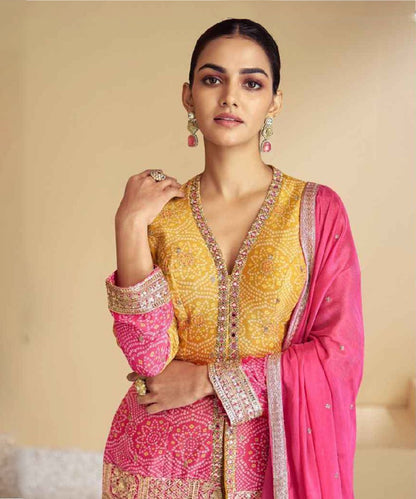 Yellow and Pink Art Silk Kurta with Pant and Dupatta