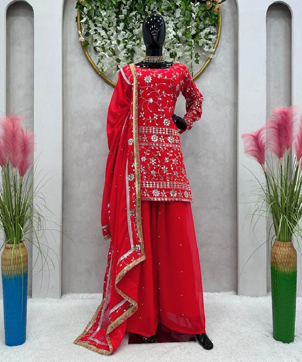 Red Faux Georgette Kurta with Pant & Dupatta