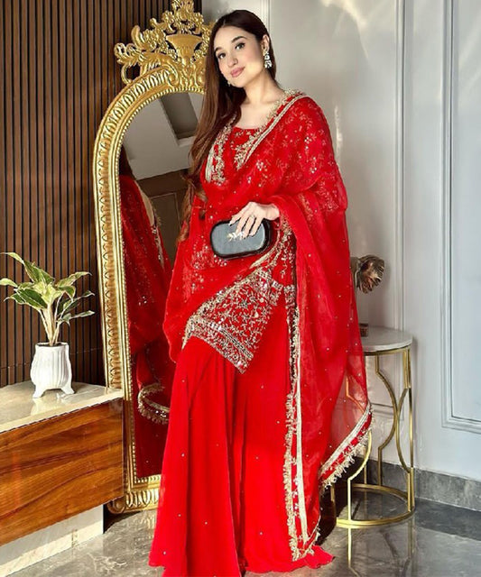 Red Faux Georgette Kurta with Pant & Dupatta