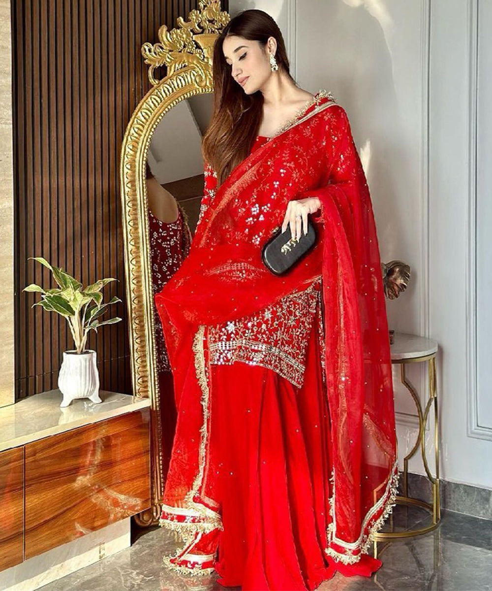 Red Faux Georgette Kurta with Pant & Dupatta