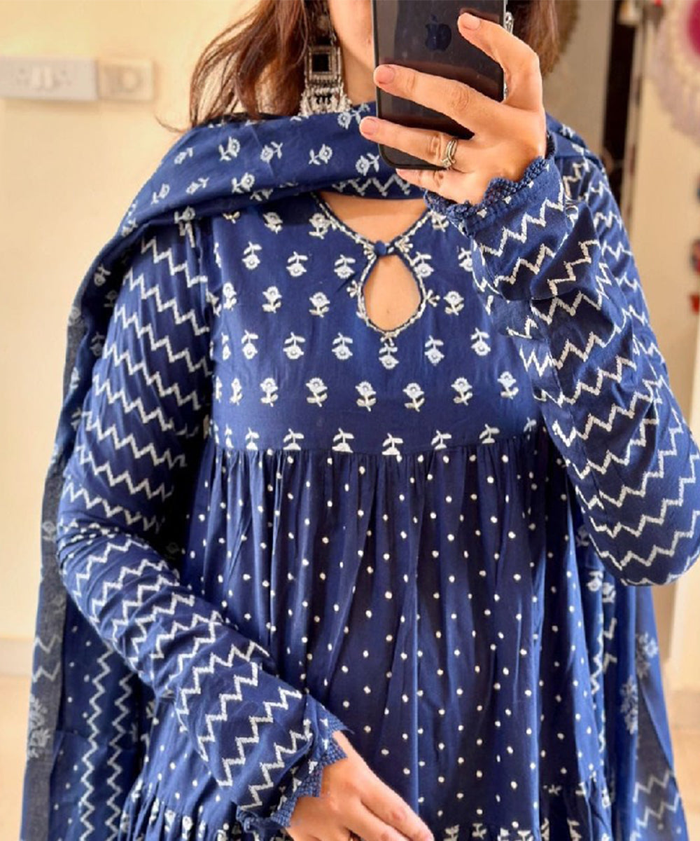 Blue Cotton Embroidered Kurta with Pant & Dupatta