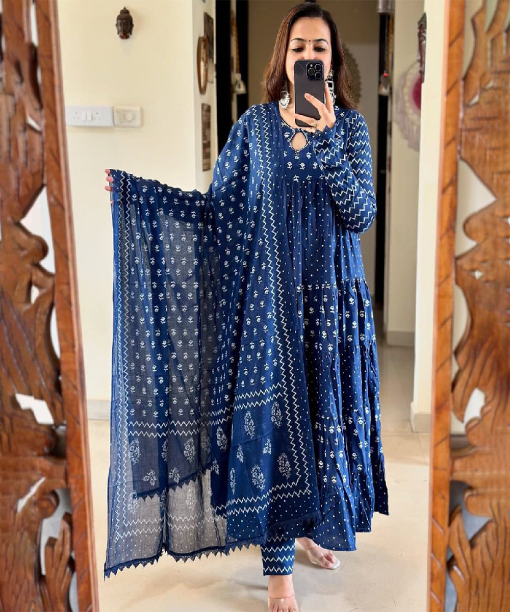 Blue Cotton Embroidered Kurta with Pant & Dupatta