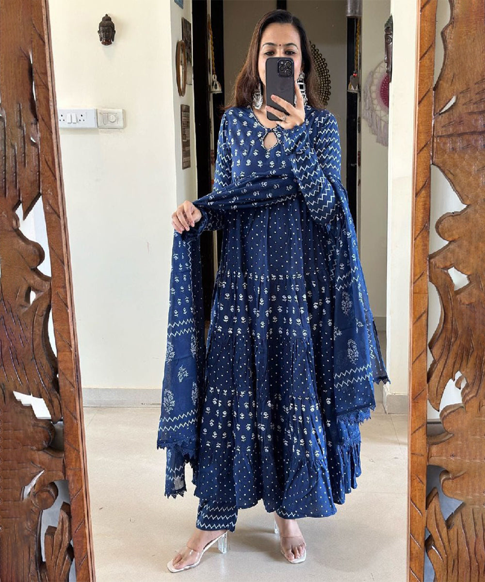 Blue Cotton Embroidered Kurta with Pant & Dupatta