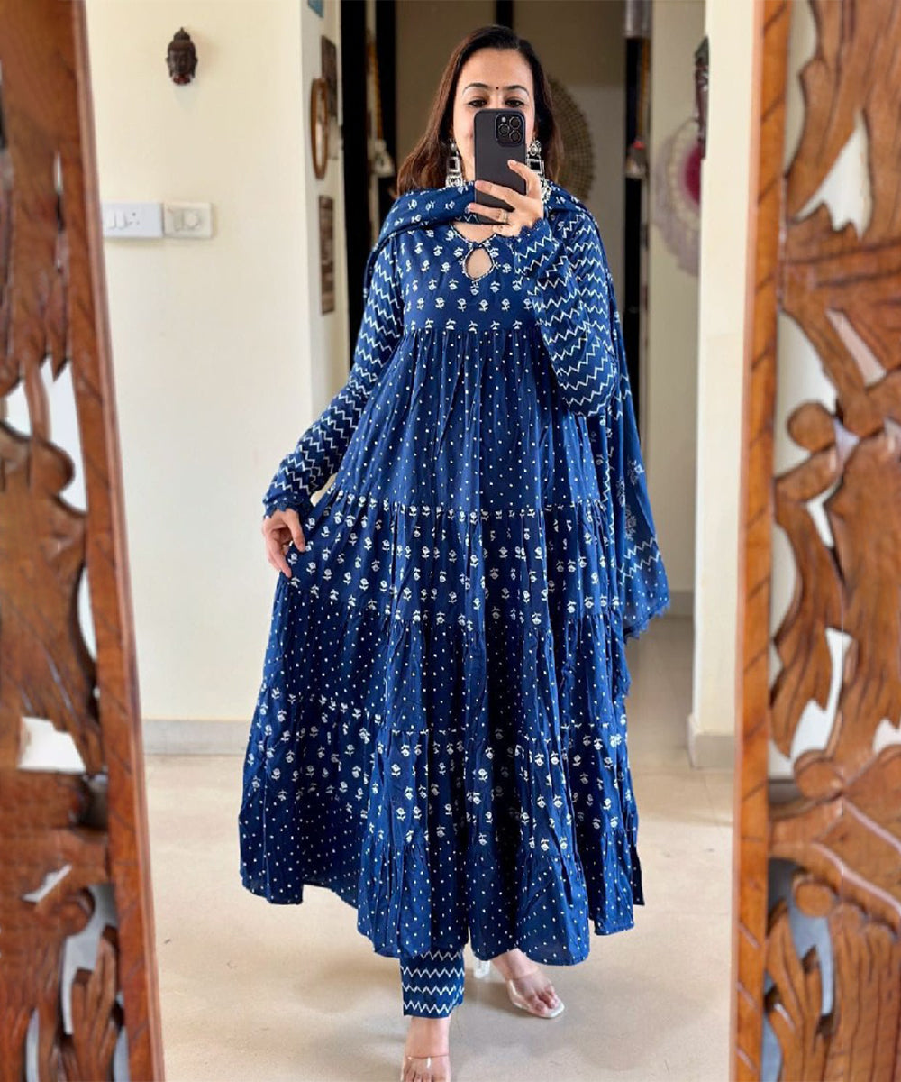 Blue Cotton Embroidered Kurta with Pant & Dupatta