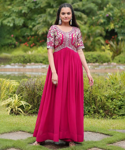 Pink Art Silk Embroidered Gown