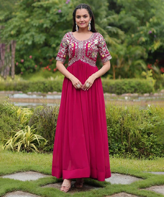 Pink Art Silk Embroidered Gown