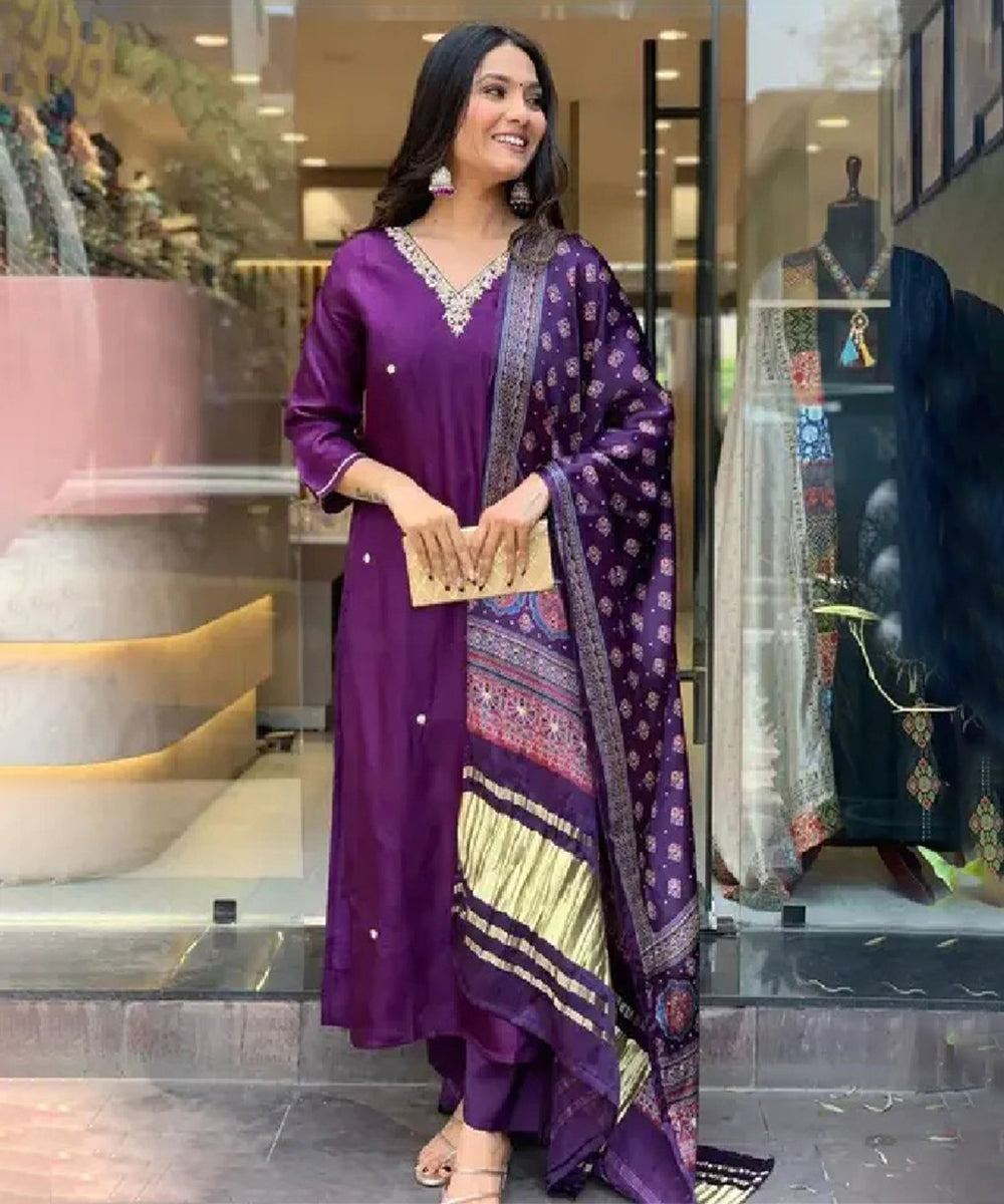 Purple Cotton Embroidered Kurta with Pant & Dupatta