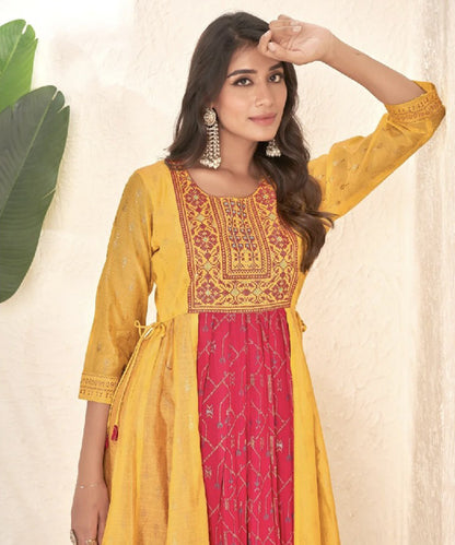 Yellow Cotton Silk Printed Gown