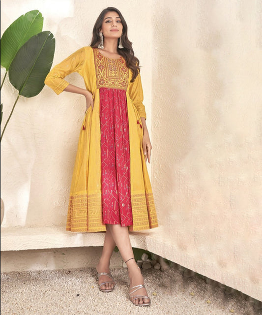 Yellow Cotton Silk Printed Gown