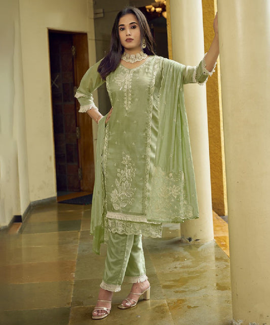 Green Art Silk Embroidered Kurta with Pant & Dupatta