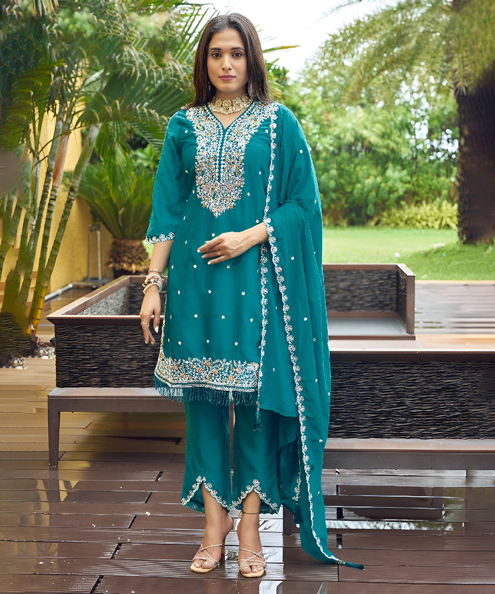 Teal Art Silk Embroidered Kurta with Pant & Dupatta