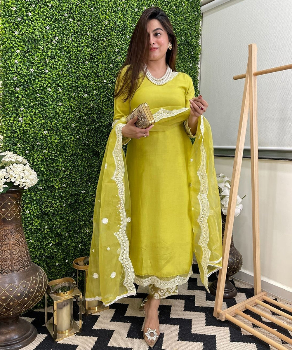 Lemon Laced Chanderi Cotton Embroidered Kurta Pant Dupatta Set