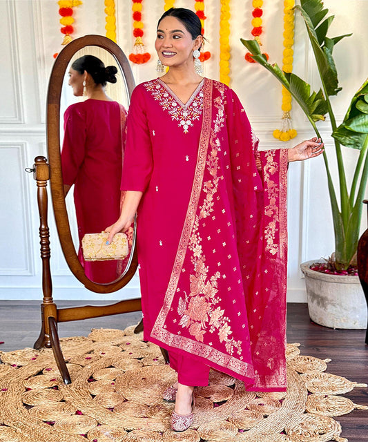 Embroidered Viscose Chanderi Fabric Straight Kurta, Pant, and Dupatta Set