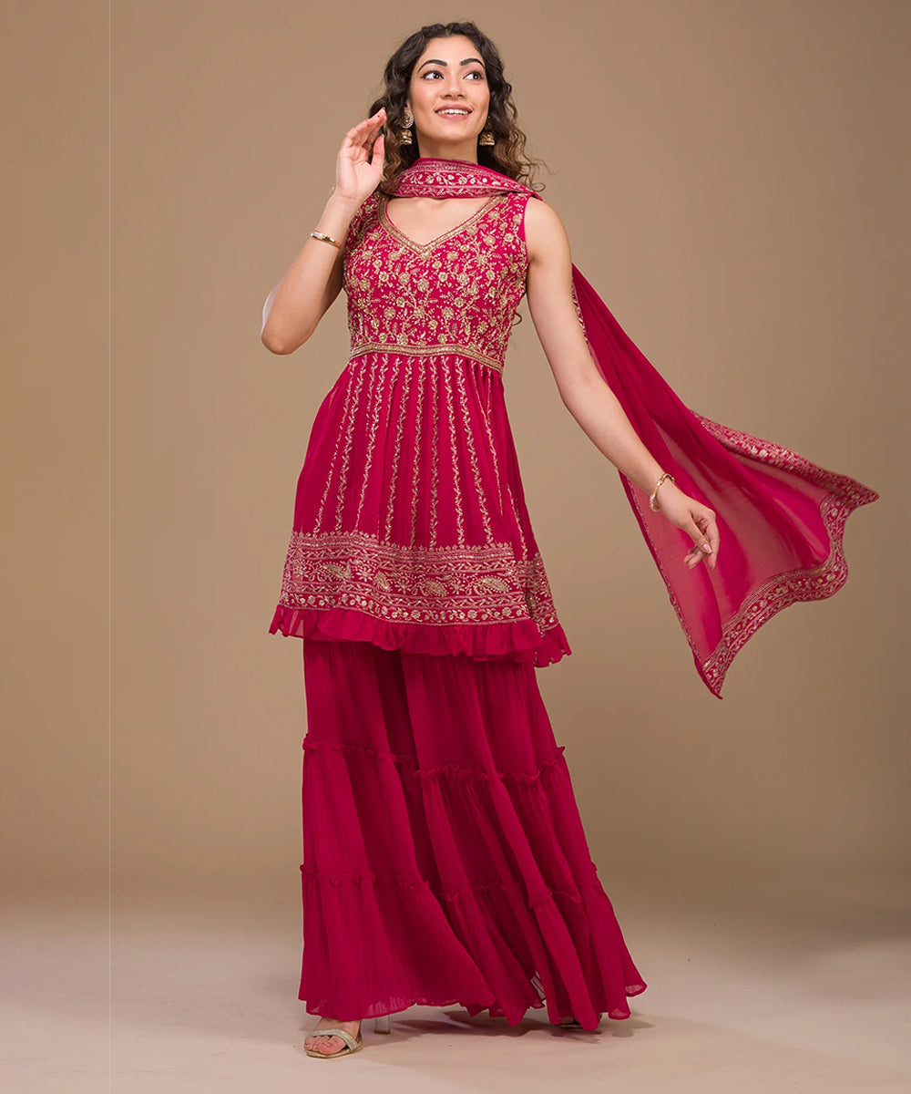 Pink Zari Work Georgette Readymade Sharara Suit Stitched