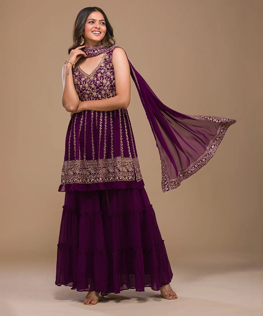 Wine Designer Zari Work Georgette Readymade Sharara Suit Stitched