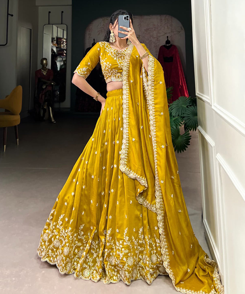 Yellow Viscose Jacquard Lehenga Choli with Embroidered Sequins