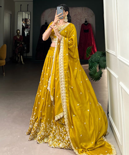 Yellow Viscose Jacquard Lehenga Choli with Embroidered Sequins