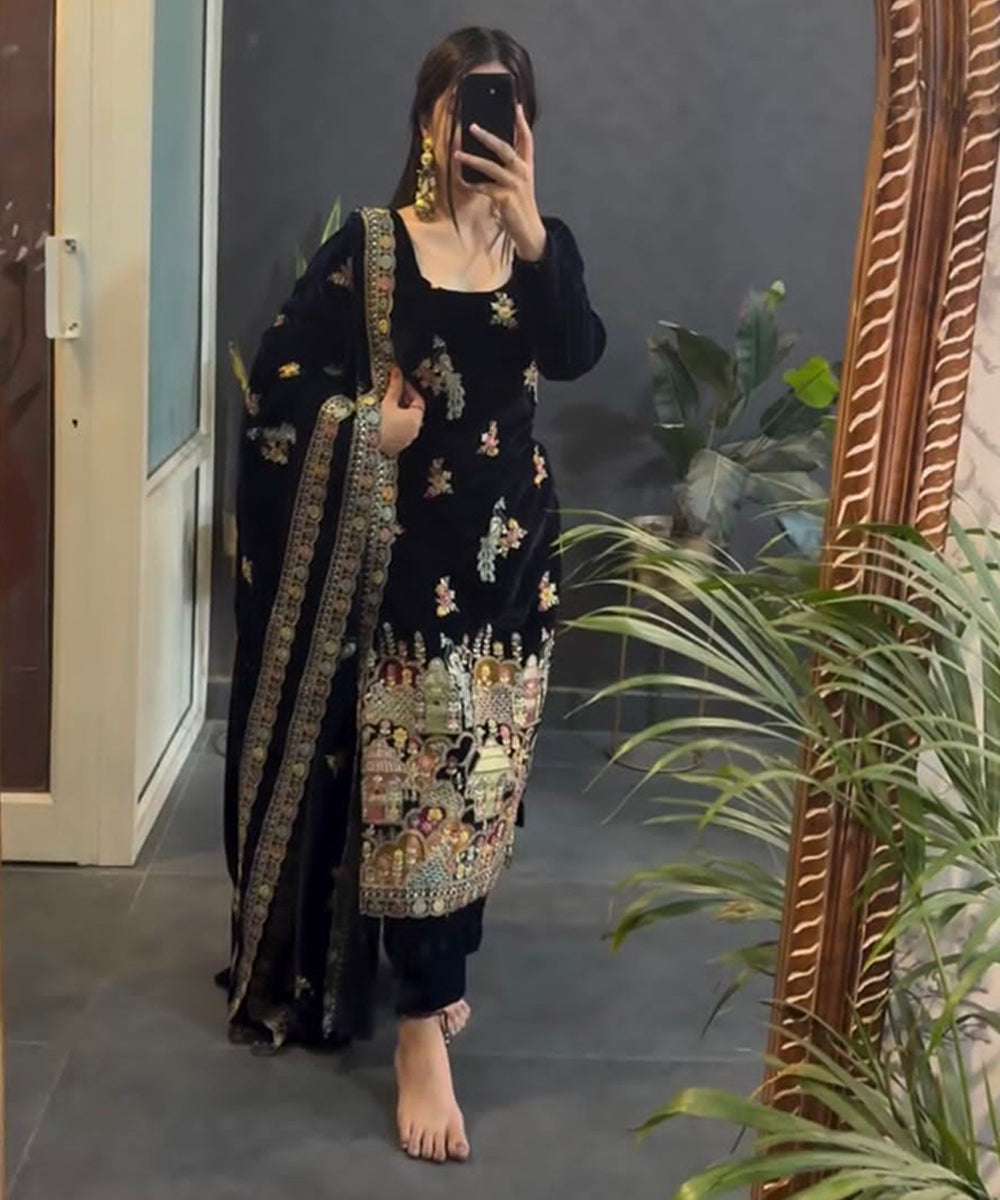 Black Chinnon Silk Heavy Embroidery Sequins Work Kurta Set with Dupatta