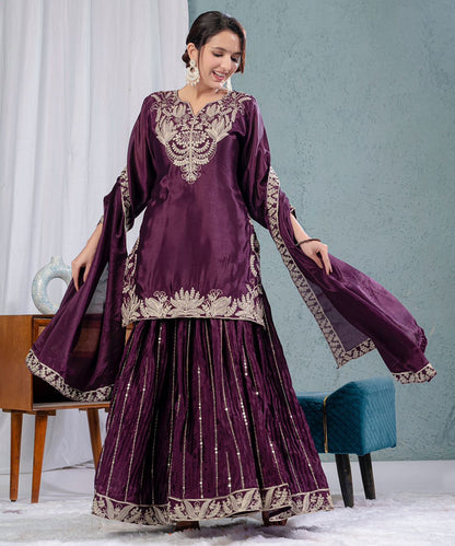 Purple Chinnon Silk Heavy Embroidery Sequins Work Kurta Set with Dupatta