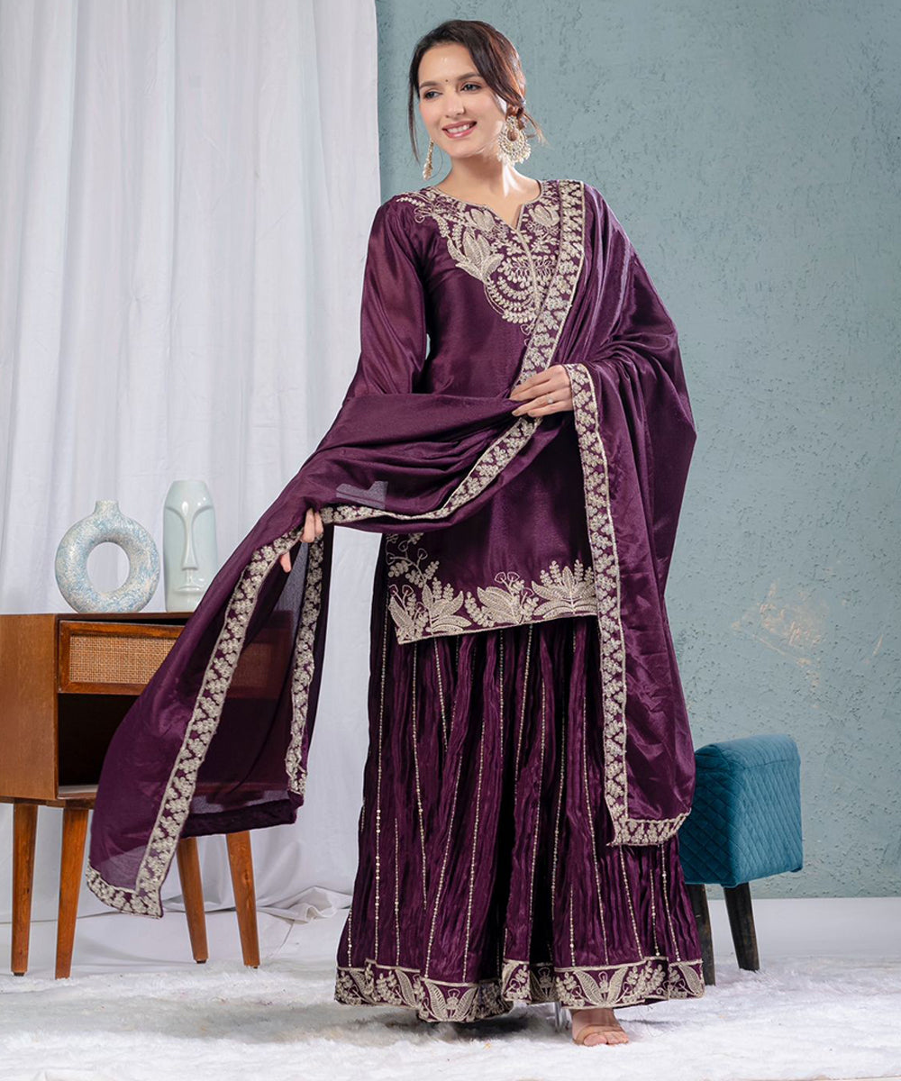 Purple Chinnon Silk Heavy Embroidery Sequins Work Kurta Set with Dupatta