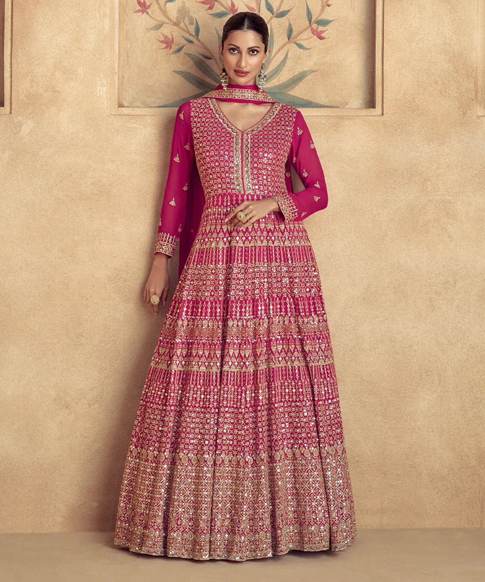 Pink Viscose Velvet Heavy Embroidery Sequins Work Gown with Bottom and Dupatta