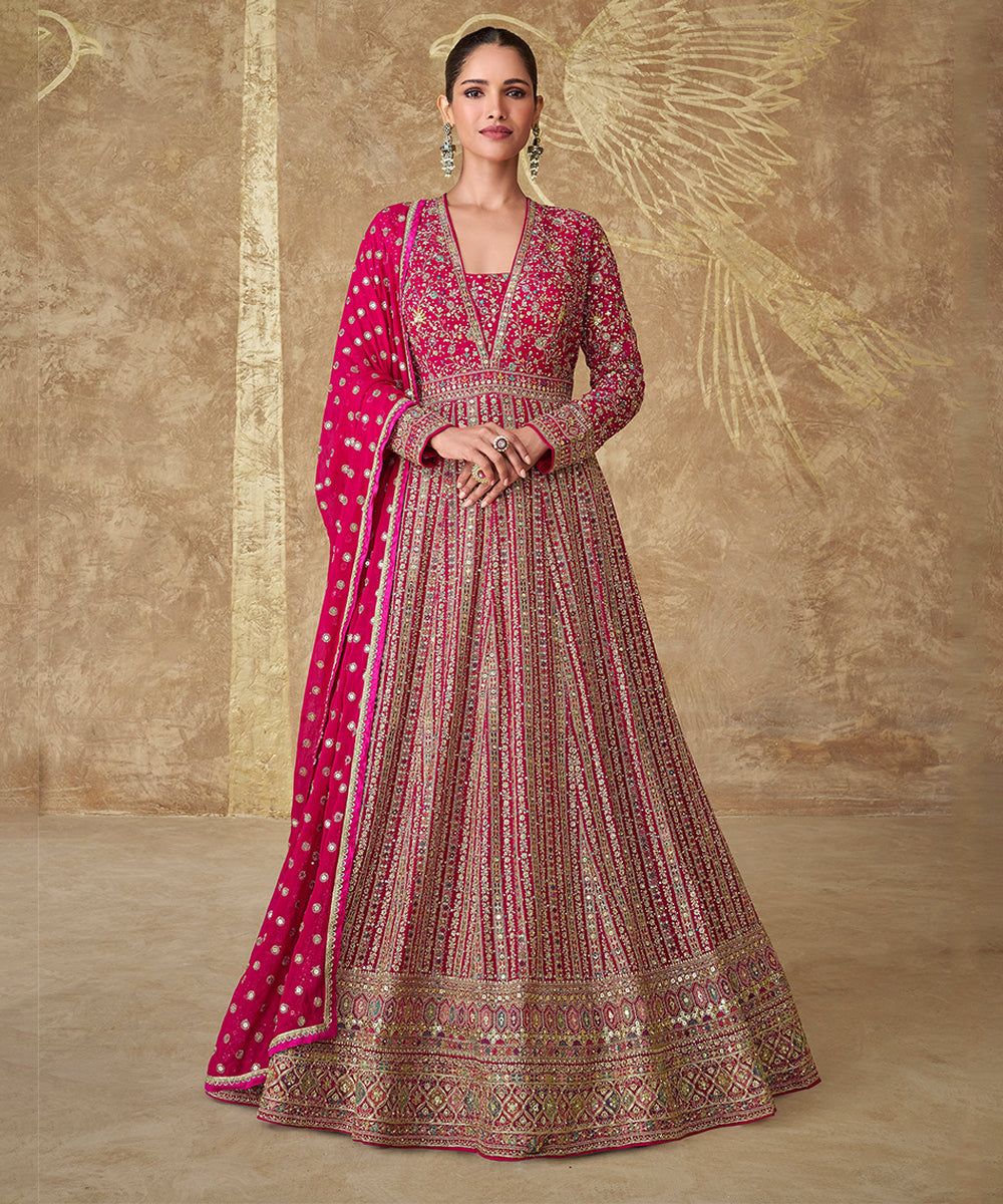 Pink Georgette Heavy Embroidery Sequins Work Gown with Dupatta