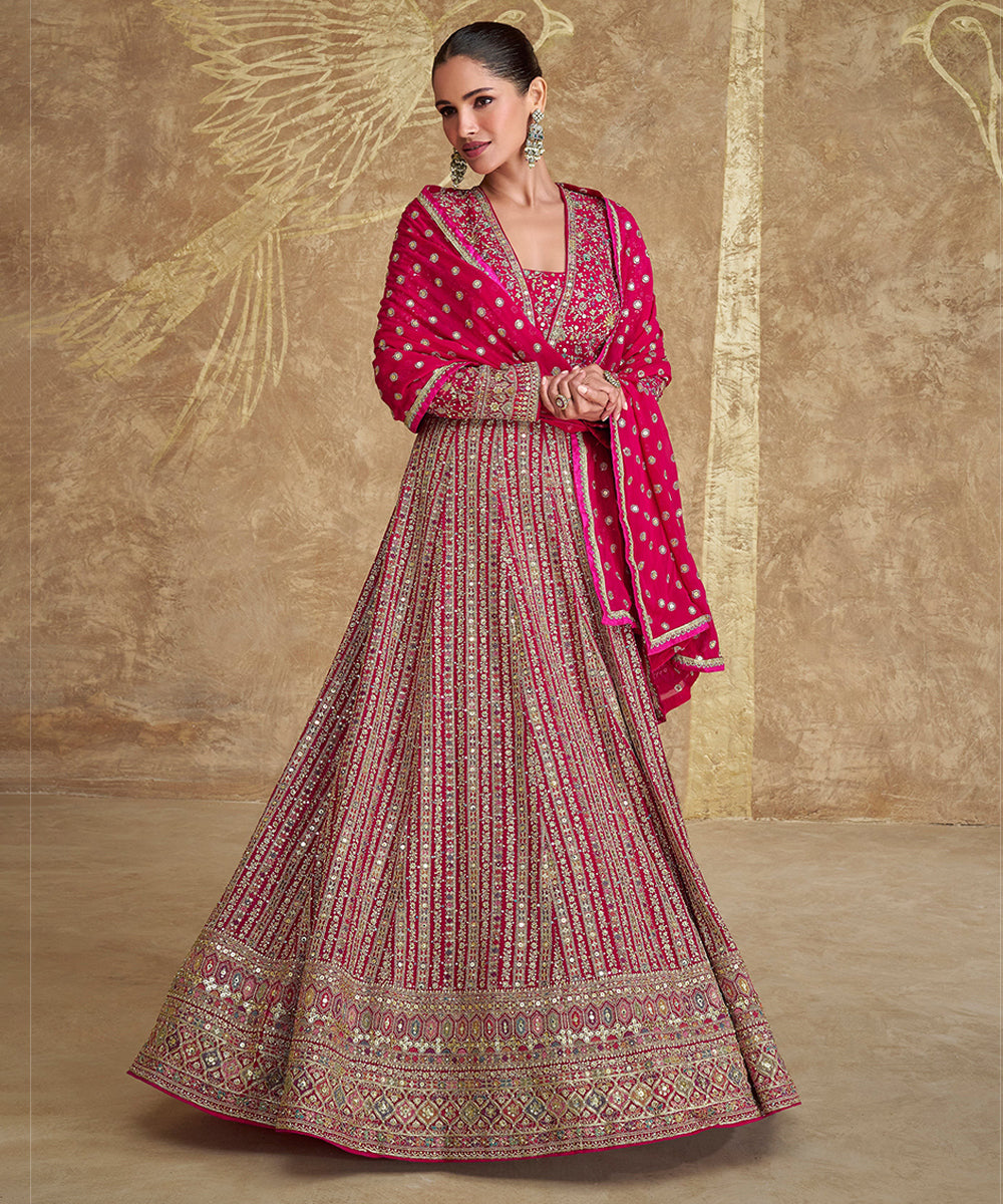 Pink Georgette Heavy Embroidery Sequins Work Gown with Dupatta