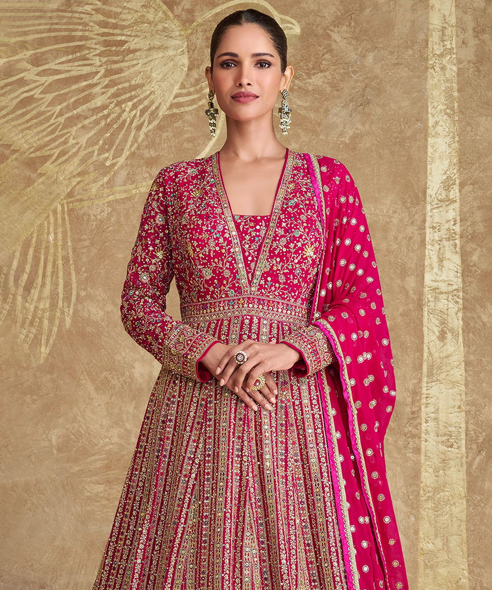 Pink Georgette Heavy Embroidery Sequins Work Gown with Dupatta