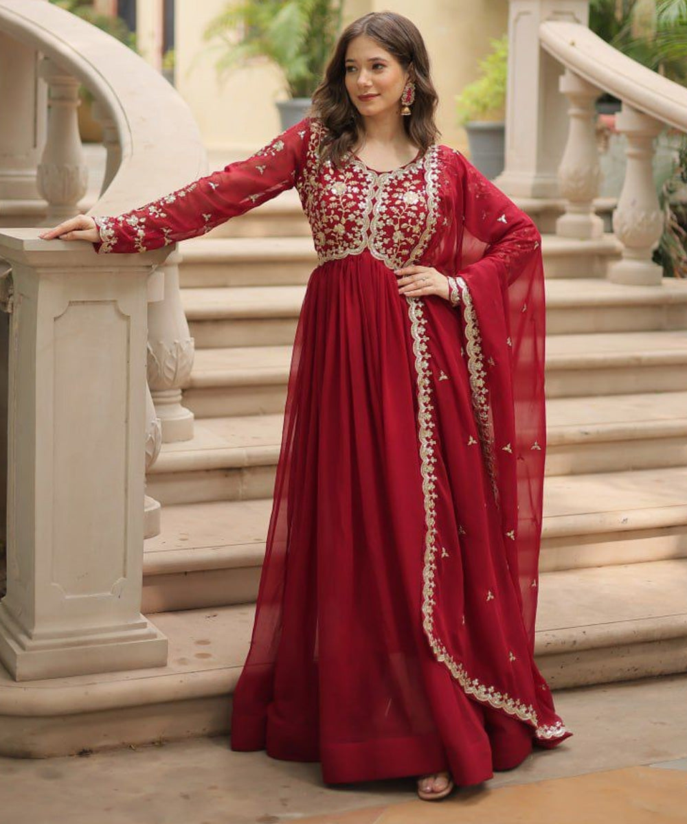 Red Sequins & Zari Embroidered Work Anarkali Suit with Dupatta