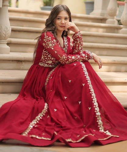 Red Sequins & Zari Embroidered Work Anarkali Suit with Dupatta