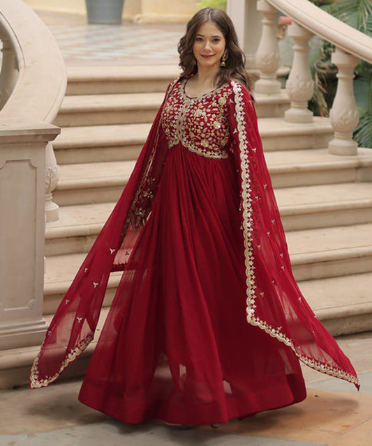 Red Sequins & Zari Embroidered Work Anarkali Suit with Dupatta