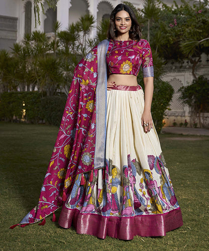 Off-White & Pink Jacquard Silk Lehenga Choli with Dupatta