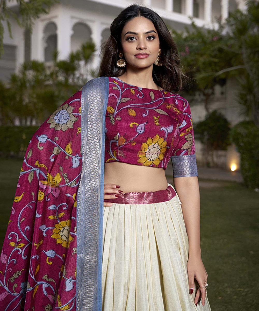 Off-White & Pink Jacquard Silk Lehenga Choli with Dupatta