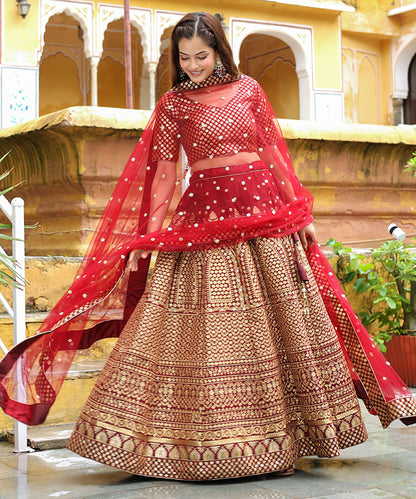 Maroon Sequins Raw Silk Bridal Lehenga Choli with Dupatta