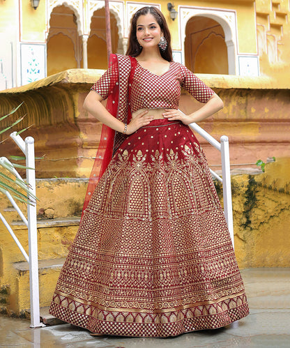 Maroon Sequins Raw Silk Bridal Lehenga Choli with Dupatta