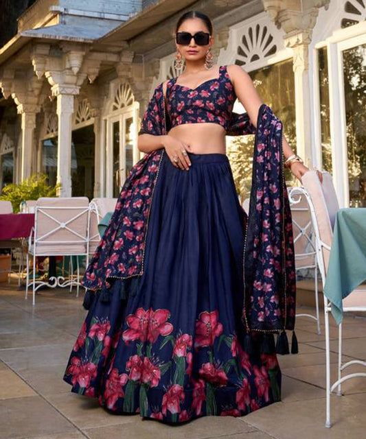 Lehenga Choli Blue Tussar Silk Unstitched