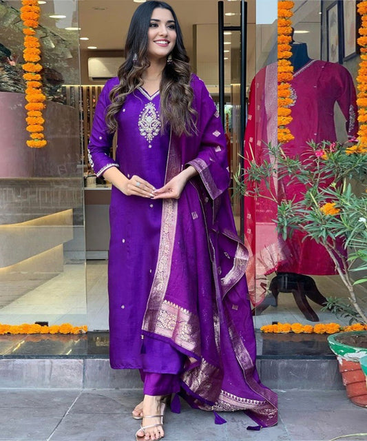 Salwar Purple Viscose Embroidery