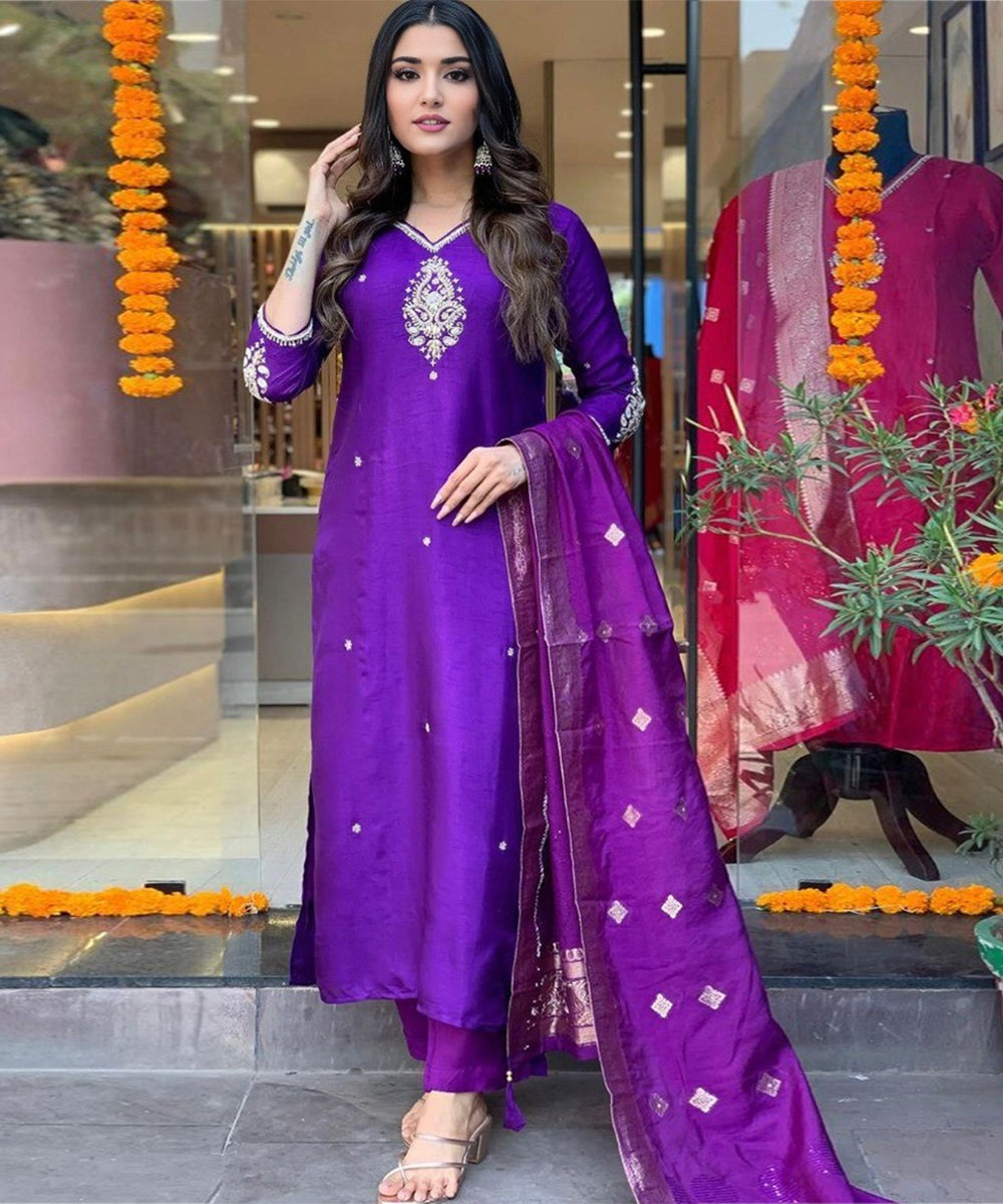 Salwar Purple Viscose Embroidery