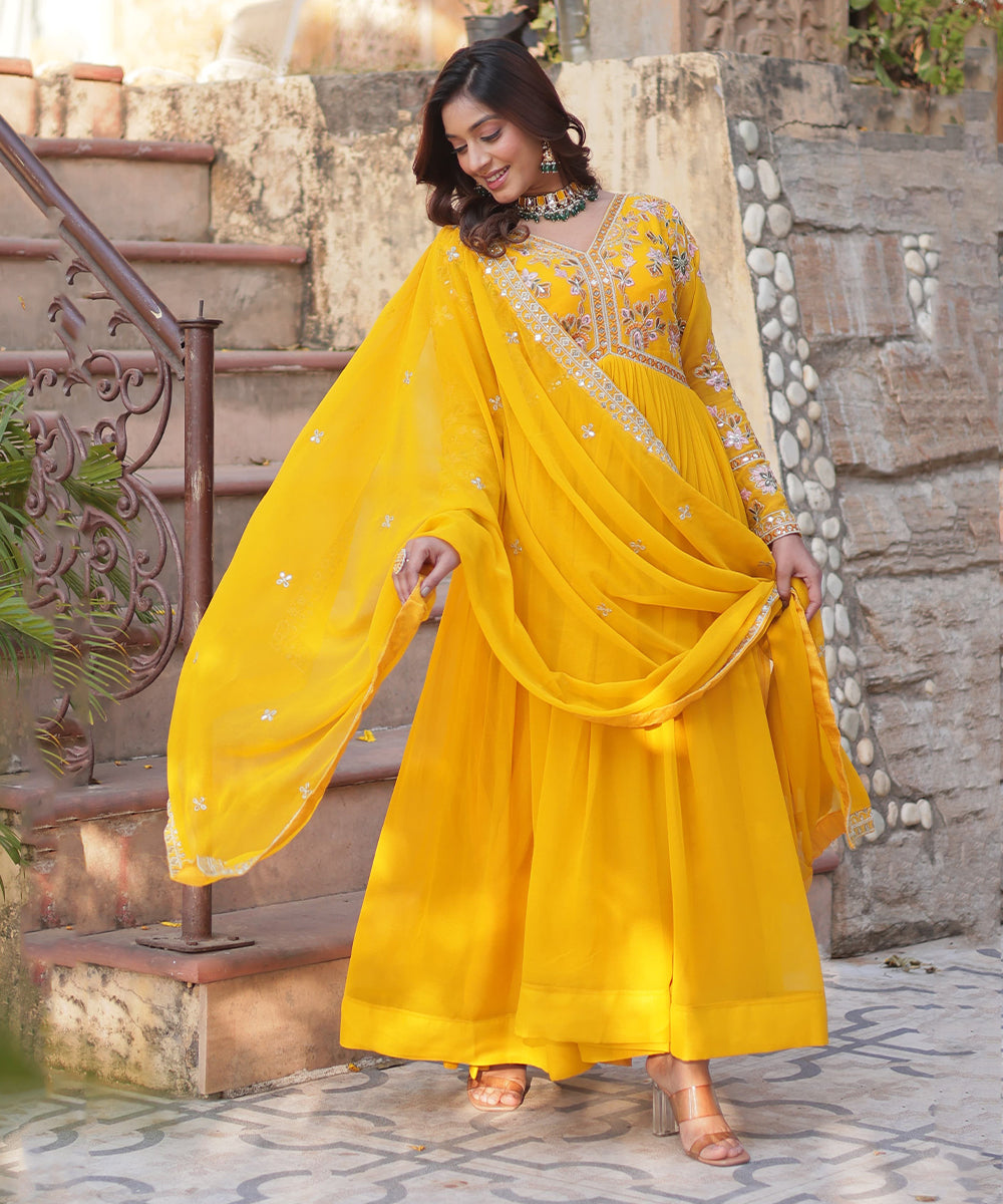 Anarkali Yellow Zari Sequins