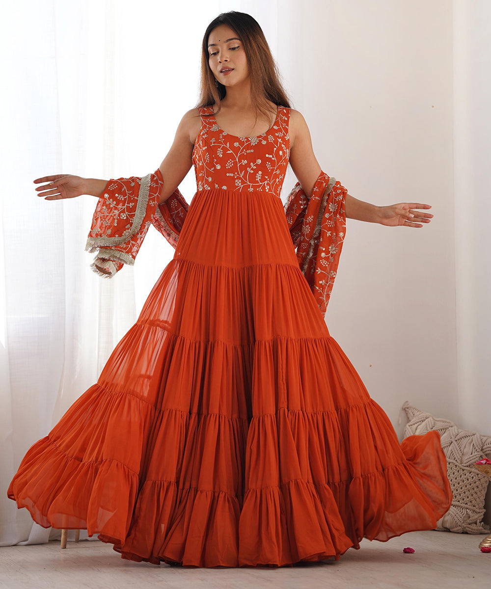 Anarkali Orange Georgette Work