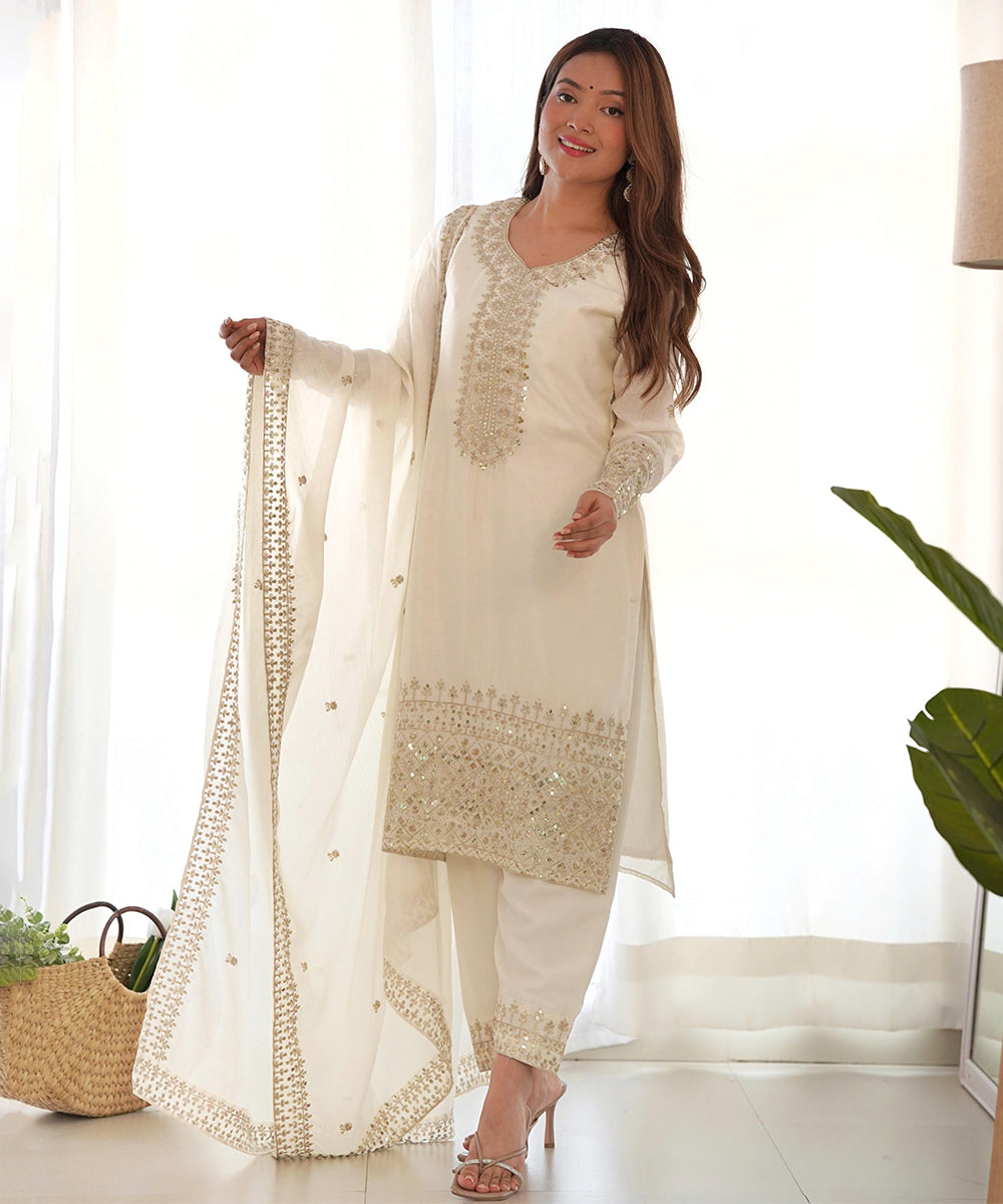Salwar White Silk Sequin Work