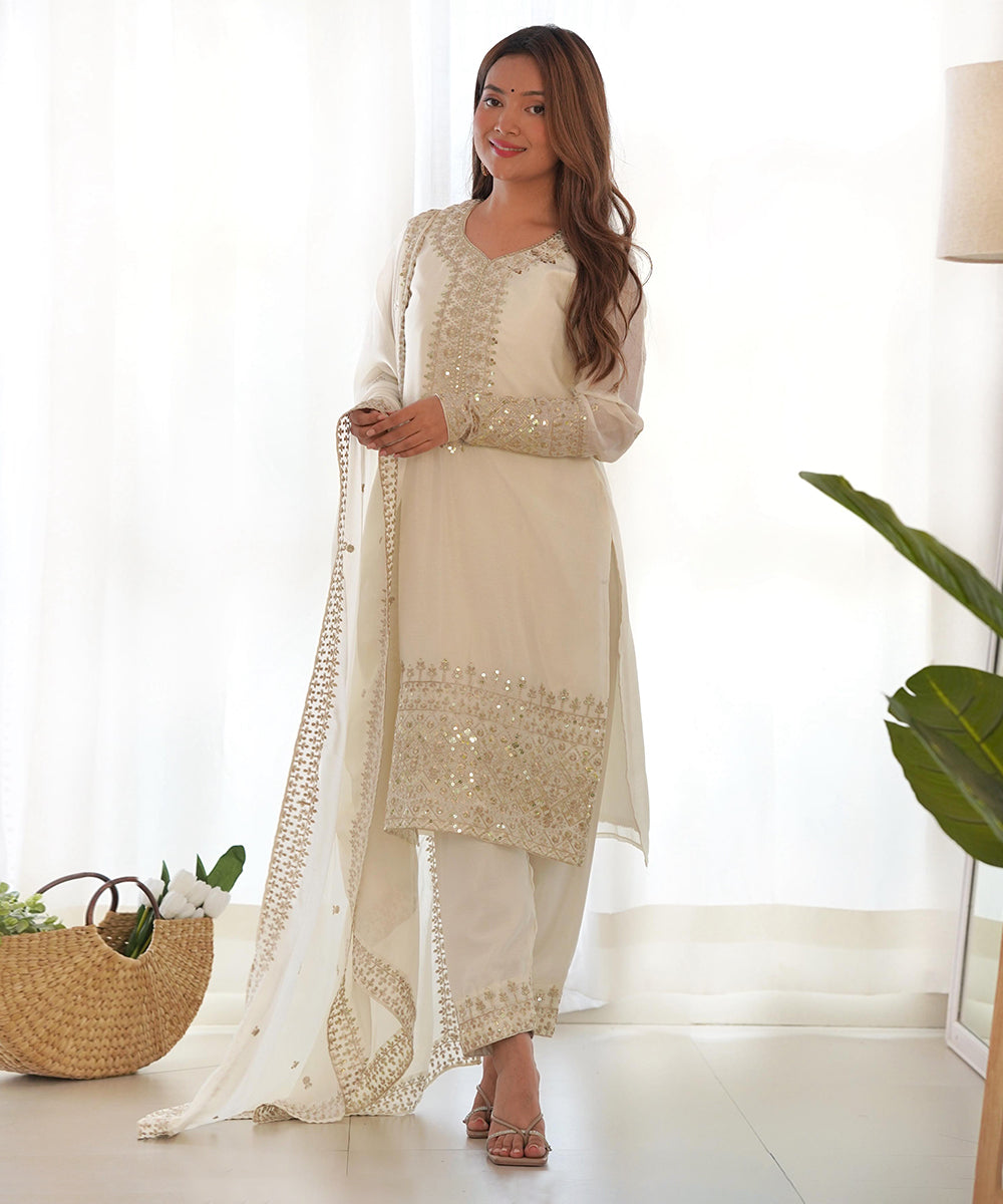 Salwar White Silk Sequin Work