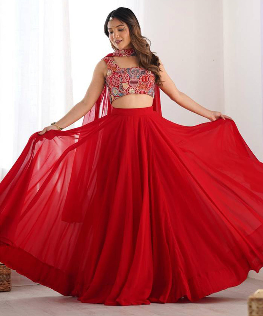 Lehenga Red Georgette Embroidery Unstitched