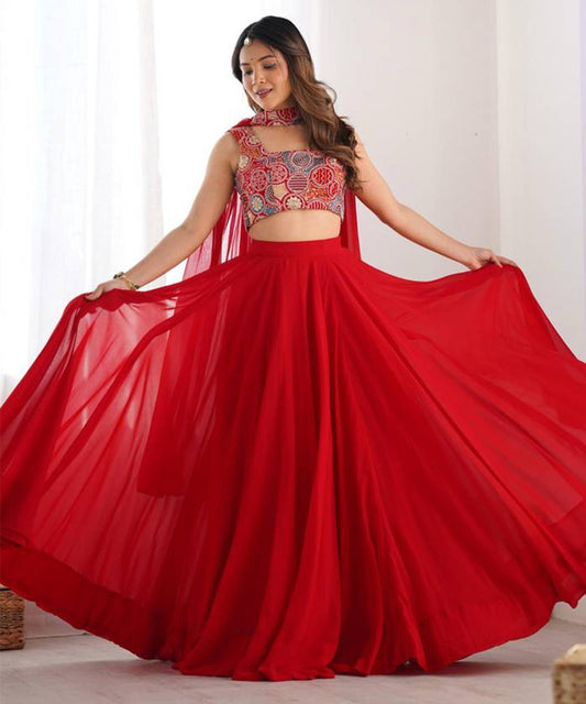 Lehenga Red Georgette Embroidery Unstitched