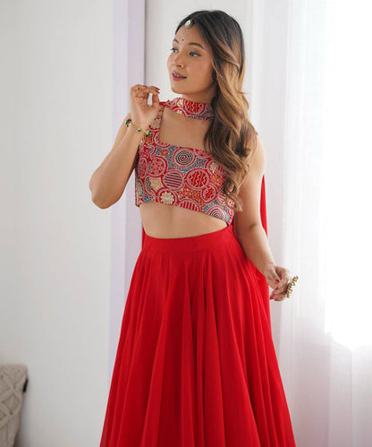 Lehenga Red Georgette Embroidery Unstitched